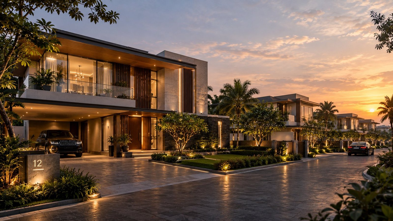 Row of contemporary villas along a landscaped street at sunset
