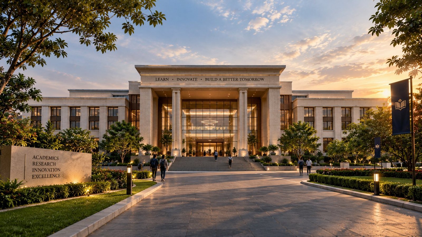 Institutional building with a grand entrance and landscaped forecourt